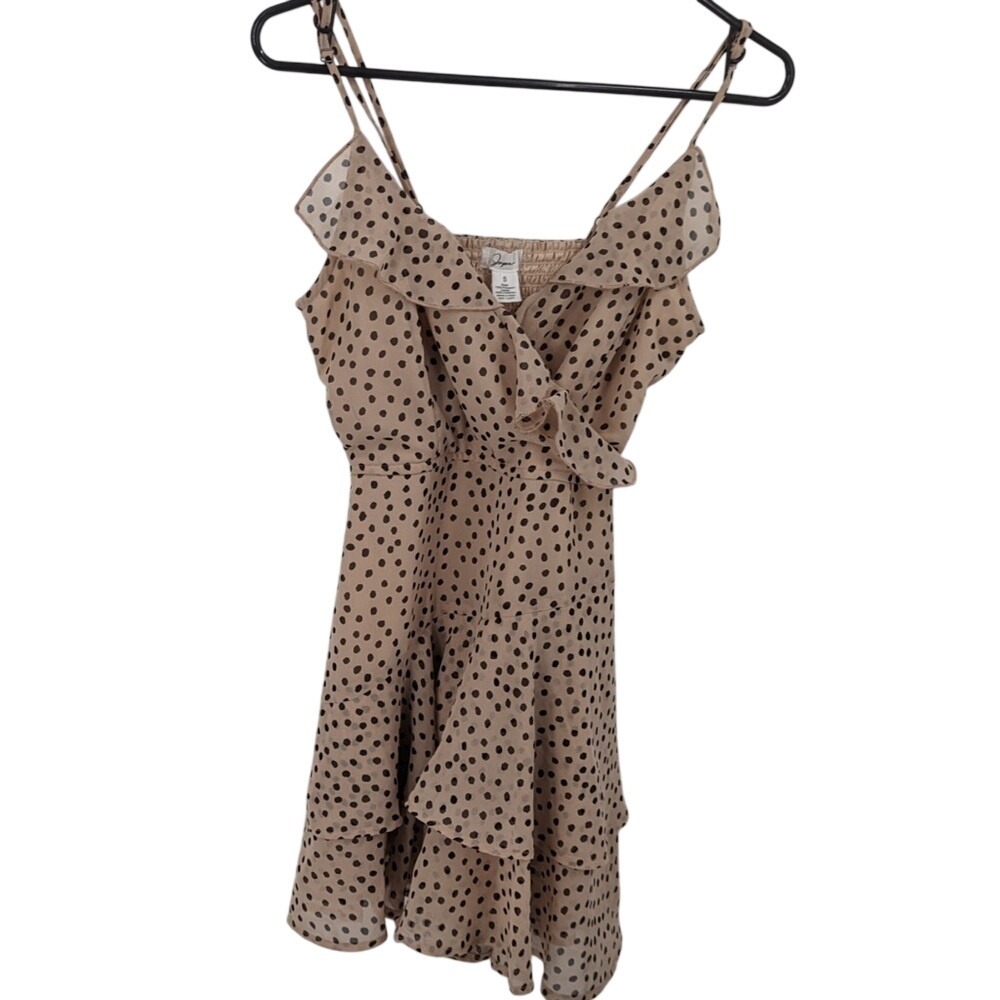 Japan women's fit and flare, spaghetti, strap dress, Tan with black polkadots S